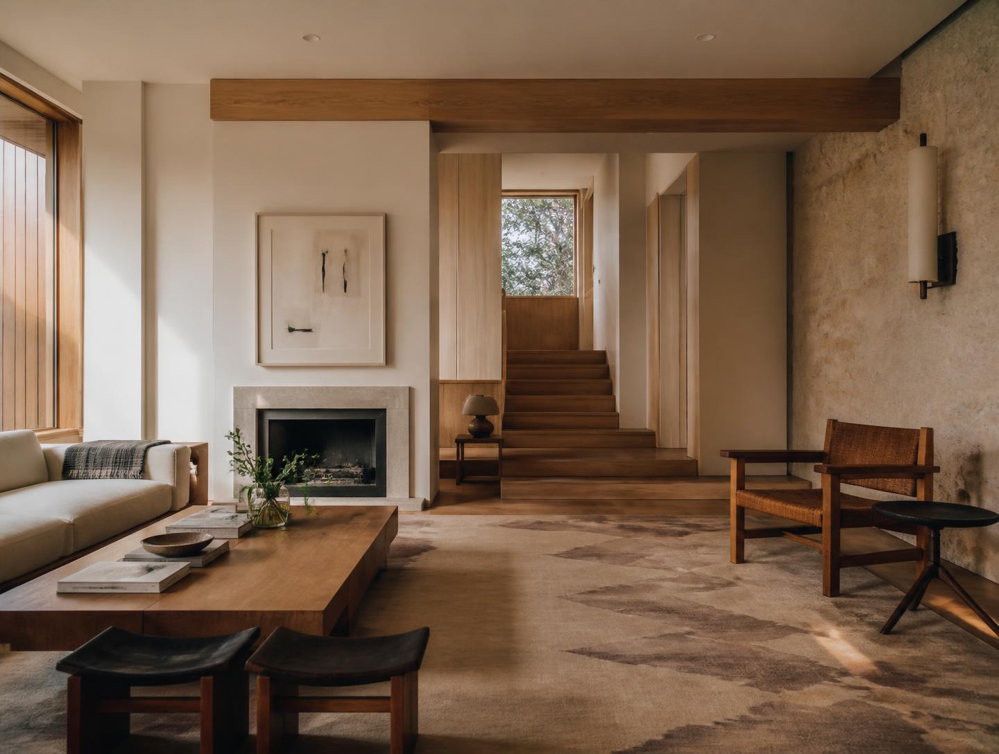 A large handwoven rug in a contemporary timber and stone residence
