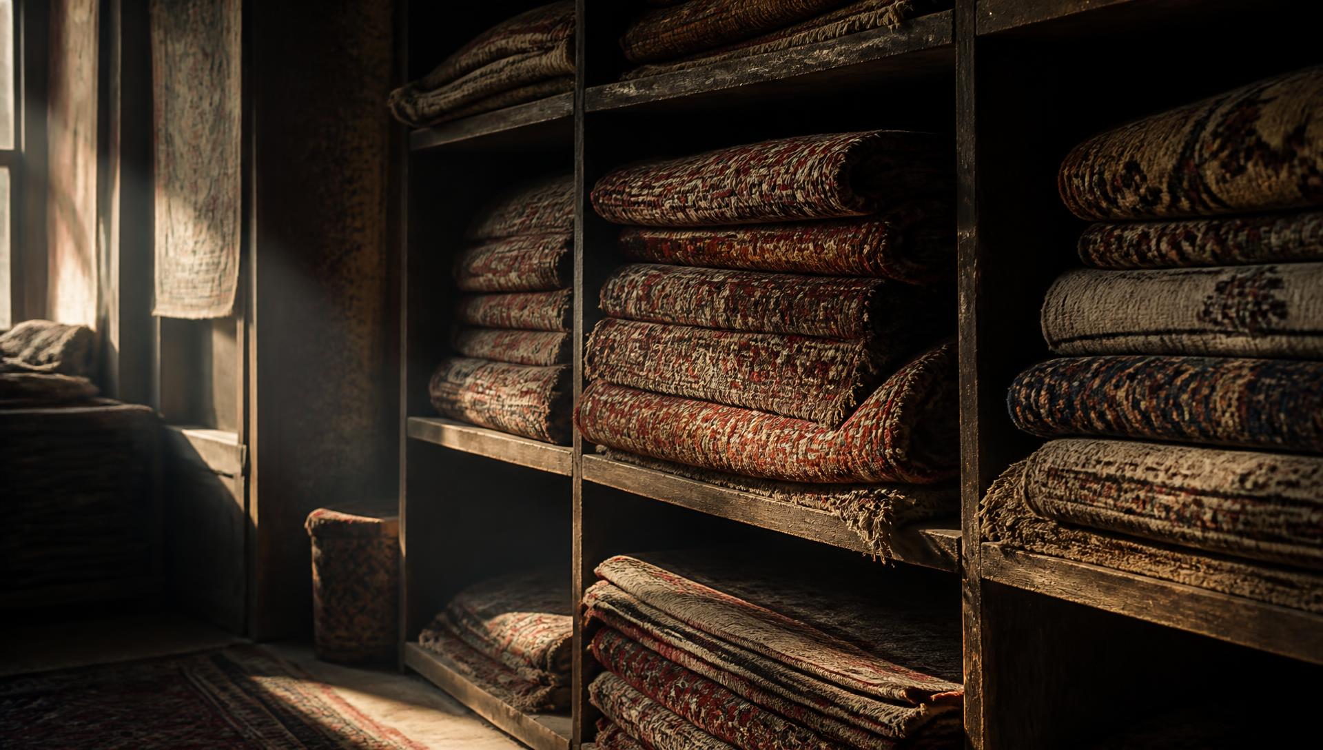Antique rugs folded on wooden shelving in a heritage storeroom