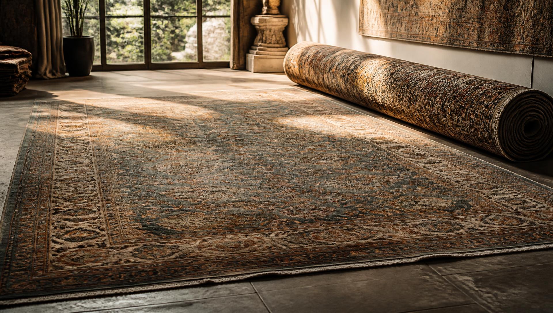 A large antique rug unrolled across a stone floor in afternoon light