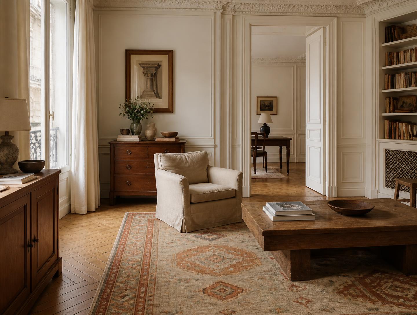 A handwoven rug in a Paris apartment with original plasterwork and parquet