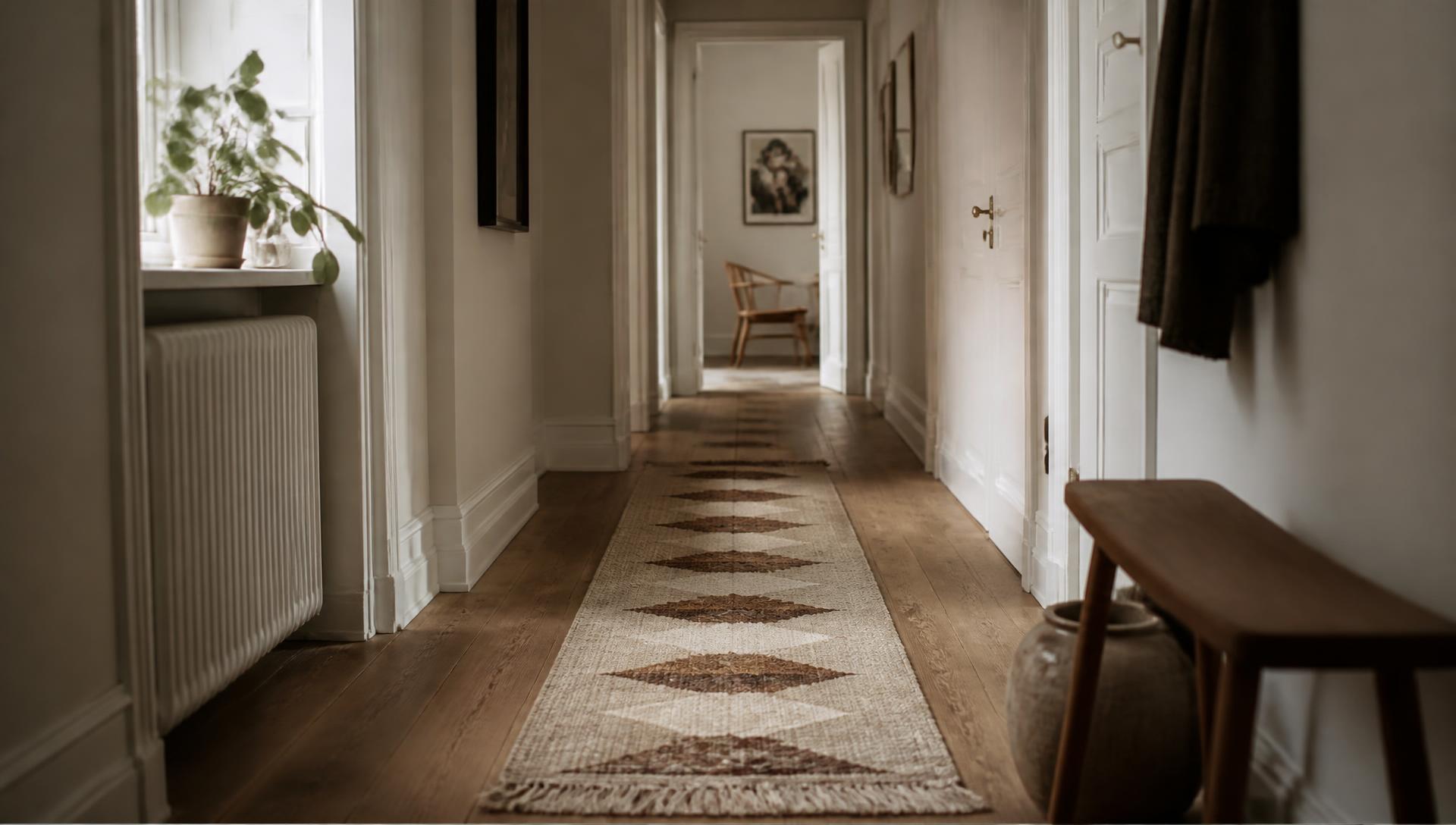 A handmade runner along the oak corridor of a Copenhagen residence